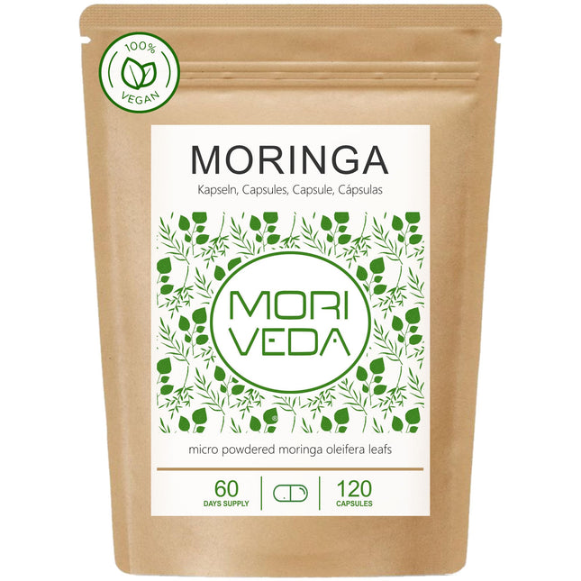 Moringa Capsules 1000mg - 60-Day Supply - Vegan - No Chemical Additives - Lactose-, Fructose-, and Gluten-Free - Over 90 Nutrients, Proteins, Vitamins, and Much More - by MoriVeda - 120 Capsules