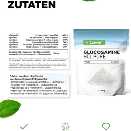 Glucosamine HCL Pure - 1000 g (1 kg) pure powder without additives - From plant fermentation - Laboratory tested - Vegan - High dosage - Premium quality