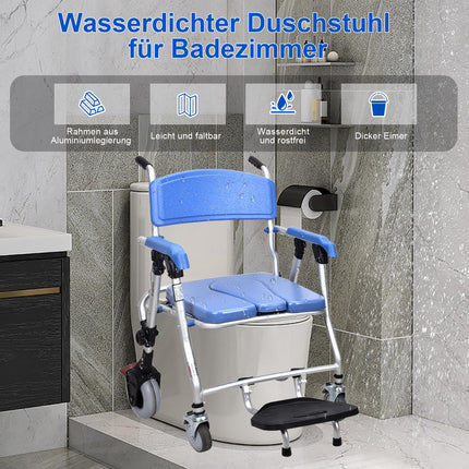 Shower Chair Commode Chair with Wheels for Seniors | Mobile Folding Shower Chair Commode Chair with Armrests and Backrest, Maximum Load Capacity of 150 kg (Blue 1)