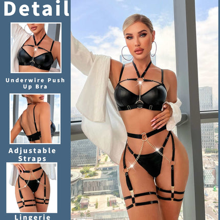 Avidlove Women's Lingerie Set Latex Sexy Lingerie Halloween Costume Leather Underwear Push up Underwire Bra Festival Outfit Lingerie 6-Piece Set Black M