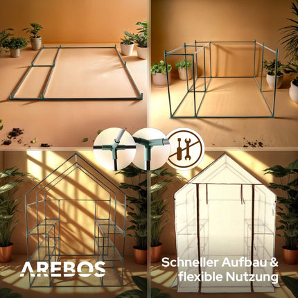 Arebos Premium Polytunnel Greenhouse with 3 Levels - 143 x 143 x 195 cm Greenhouse with Shelves &amp; Ventilation Window - Space-Saving, High-Quality Propagation House Garden Balcony Stable