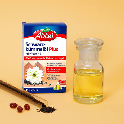Abtei Black Cumin Oil Plus - with Vitamin E - Food Supplement for Cholesterol and Blood Sugar Levels - 1 x 48 Capsules