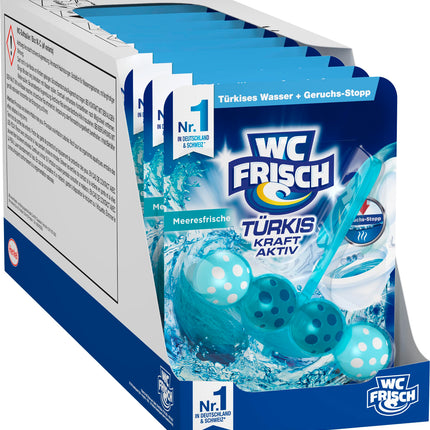 WC-Fresh Power Active Turquoise Rinse Sea Fresh (10-pack), toilet cleaner for visible cleaning with turquoise water, fragrance stones for an intensive toilet fragrance