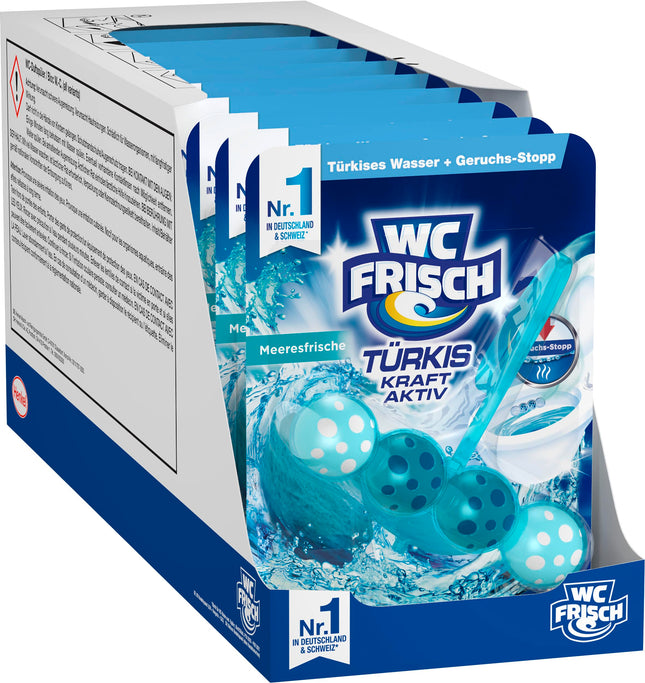 WC-Fresh Power Active Turquoise Rinse Sea Fresh (10-pack), toilet cleaner for visible cleaning with turquoise water, fragrance stones for an intensive toilet fragrance