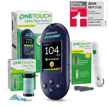 OneTouch Ultra Plus Reflect blood glucose monitoring system for diabetes (sugar disease), including 1 blood glucose meter (mg/dl), 40 test strips, 1 lancing device, 40 lancets, 1 carrying case, 2 batteries