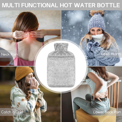 Jsdoin Hot Water Bottle with Cover - 2.0L Leak-Proof Hot Water Bottle, Natural Rubber + Fluffy Hot Water Bottle, Hot Water Bottle for Neck and Shoulder, Back, Legs, and Waist Warming (Gray)