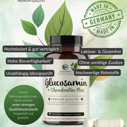 Surpresa Natural Glucosamine Chondroitin Capsules High Dose I 1 x 195 Capsules I 1500 mg Glucosamine &amp; 1200 mg Chondroitin per daily dose I Dietary supplement without additives &amp; laboratory tested