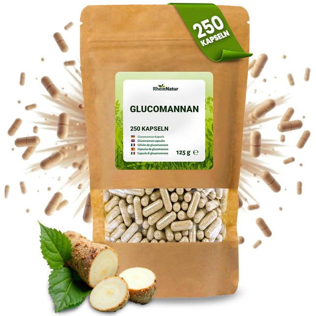 RheinNatur Glucomannan Capsules 250 Capsules - Natural Fiber from Konjac Root - Vegan