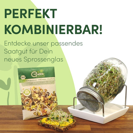 Green SEEDS® Cress Sieve Set | Stainless steel sieve with high-quality ceramic bowl | Growing tray 14 x 14 cm, dishwasher-safe and rust-proof + Sprouting ABC, sustainably packaged