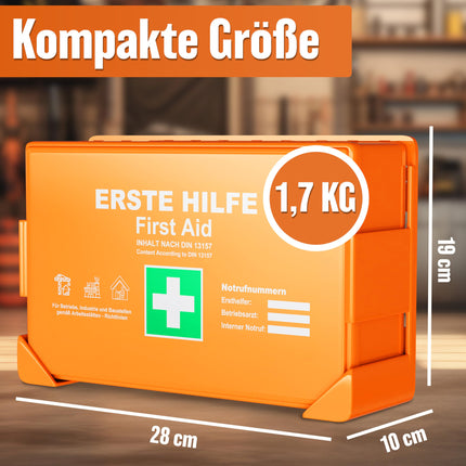 HELDENWERK first aid kit according to the new DIN 13157:2021 including wall bracket &amp; stickers | Universal first aid case for business, household or catering - office first aid kit filled, first aid kit
