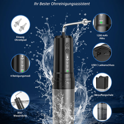 KIMTAR Earwax Remover, Ear Cleaner Electric Ear Irrigator with 4 Pressure Modes IPX7 Waterproof Rechargeable, 10 Nozzles Ear Cleaning for Adults Children at Home Black