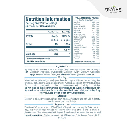 Revive Naturals Multi-Collagen Protein Powder - Types I, II, III, V &amp; X - Hydrolyzed Grass-Fed Beef, Wild-Caught Fish and Free-Range Chicken, Unflavored, Halal - (400g), Powder
