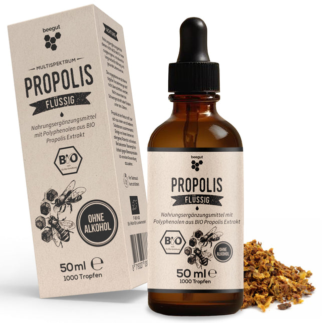 beegut ORGANIC Propolis Drops liquid without alcohol, 50ml water-soluble tincture with ORGANIC Propolis extract, standardized quality, sustainable packaging (50ml)