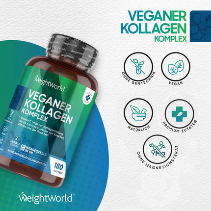 Vegan Collagen Capsules - With Hyaluronic Acid, Zinc, MSM, Vitamins C &amp; E, Resveratrol - 180 Capsules - Collagen Boost Complex - For Skin, Hair &amp; Collagen Formation - Laboratory Tested - WeightWorld