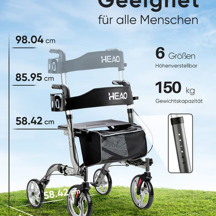 HEAO Rollator Walking Aid for Seniors with Seat, Rollator with Cup Holder and Padded Backrest, Foldable Design, Lightweight Only 7.8 kg, 10" Wheels for Maximum Mobility, Gray