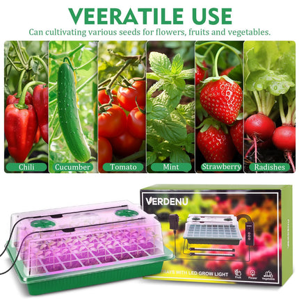 Verdenu Indoor Greenhouse Grow Box with Light Growing, 2 Pack Germination Tray Greenhouse with Humidity Dome, Adjustable Brightness Growing Greenhouse, 3 Modes, 4 Timing, Growing Kit for Indoor