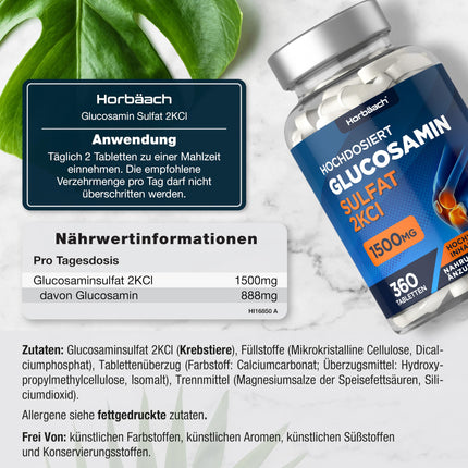Glucosamine Sulfate 1500mg 2KCl | Glucosamine Sulfate | 360 High-Dose Tablets | Glucosamine Sulphate | from Horbaach