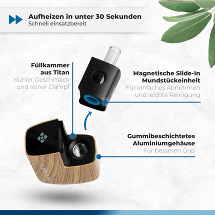 WOLKENKRAFT FX MINI ULTRA Premium Vaporizer - USB-C | Magnetic Slide-In Mouthpiece | Titanium Chamber | Temperature 100-220 °C | Operating Timer 3-5 Min. | 100% Convection *Wooden Look*