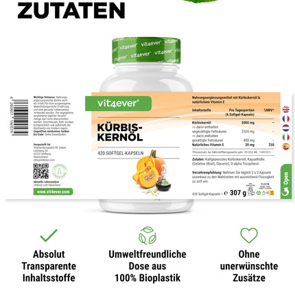 Pumpkin Seed Oil - 420 Capsules - 3000 mg per daily serving - With natural vitamin E - High dosage - Natural &amp; cold-pressed - Laboratory tested