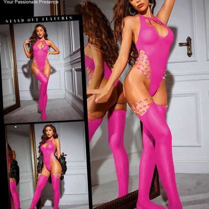 RSLOVE Sexy Lingerie for Women - Fishnet Bodystocking Catsuit Net Lingerie Nightwear Pink One Size