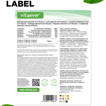 D-Mannose Powder - 250 g - (4.1 month supply) - From plant fermentation - Laboratory tested - Pure &amp; natural - No additives - Vegan