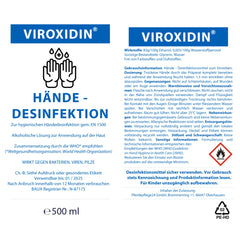 Viroxidin Hand Disinfectant - 500ml Eurodispenser Bottle - Virucidal - Kills 99% of bacteria - 83% Alcohol (Ethanol) - Rub-in Hand Disinfectant Against Bacteria, Viruses &amp; Fungi - 500ml (430g)