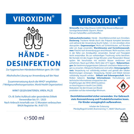 Viroxidin Hand Disinfectant - 500ml Eurodispenser Bottle - Virucidal - Kills 99% of bacteria - 83% Alcohol (Ethanol) - Rub-in Hand Disinfectant Against Bacteria, Viruses &amp; Fungi - 500ml (430g)