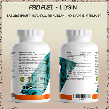 L-Lysine Tablets 365x - optimally high-dose with 2000 mg lysine HCL per day, of which 1600 mg pure L-Lysine - essential amino acid from fermentation - 100% vegan - laboratory-tested with certificate
