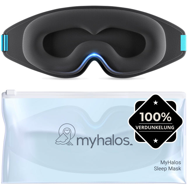 MyHalos® Sleep Mask – Blackout Sleep Mask for Women – 3D Sleep Mask for Men for Comfort without Pressure – Pre-shaped Sleep Mask for Complete Blackout – Black Blindfold with Case