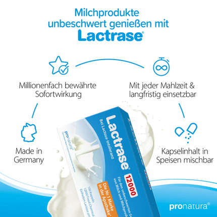 pro natura Lactrase 12000 – 150 Lactase Capsules for lactose intolerance, for the carefree enjoyment of milk and dairy products
