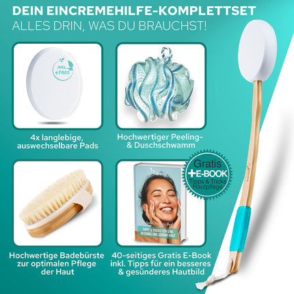 BELAVENA© Back Creaming Aid | Improved Concept 2025 - Optimal back care with back creamer / back brush including 4 replaceable pads – Back Creamer / Back Creaming Aid