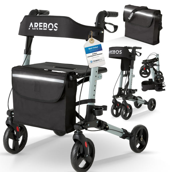Arebos Lightweight Rollator Aluminum | Travel Rollator with 6-Way Height Adjustment | Foldable | Includes Cane Holder and Removable Shopping Bag | Walking Aid with Locking Function | Black