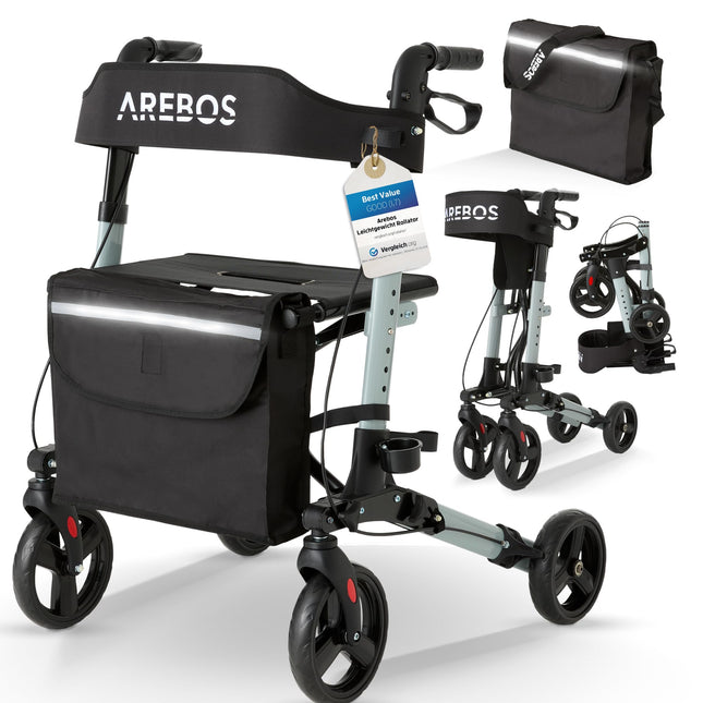 Arebos Lightweight Rollator Aluminum | Travel Rollator with 6-Way Height Adjustment | Foldable | Includes Cane Holder and Removable Shopping Bag | Walking Aid with Locking Function | Black