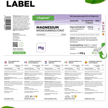 Magnesium Bisglycinate - 365 Capsules - Premium: Chelated Magnesium - 155 mg elemental magnesium per capsule - Laboratory tested - Vegan - High dosage