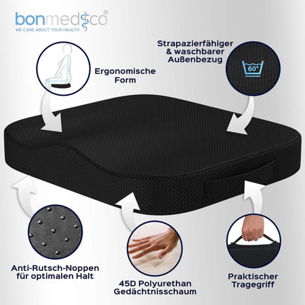 bonmedico orthopedic seat cushion - ergonomic memory foam cushion for office chairs, cars, wheelchairs, or booster seats for adults - Wellness Black