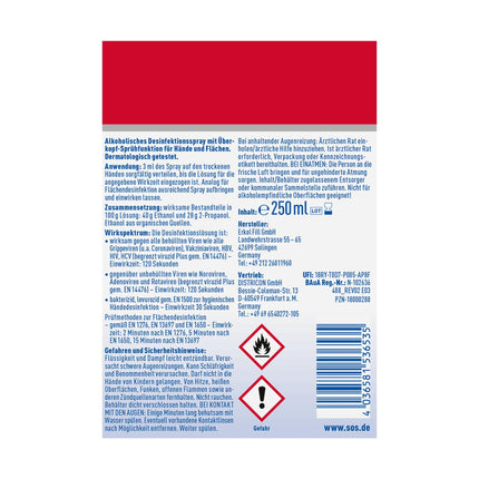 SOS Disinfectant Spray INTENSE for hands and surfaces | Eliminates 99.99% of bacteria, fungi, and viruses* (e.g., herpes, flu, and noroviruses) | Extended spectrum of activity** | 9 x 250ml