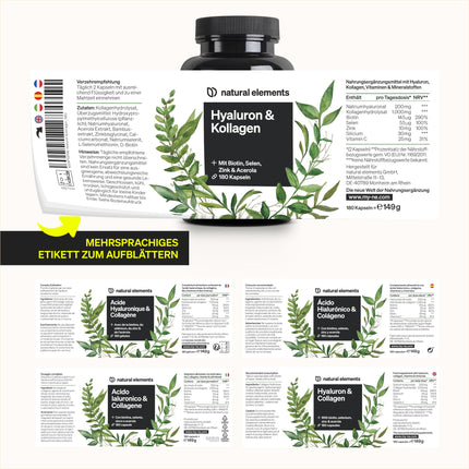 Hyaluronic Acid Collagen Complex - 180 Capsules - Enriched with Biotin, Selenium, Zinc, Vitamin C from Acerola &amp; Bamboo Extract - Laboratory Tested