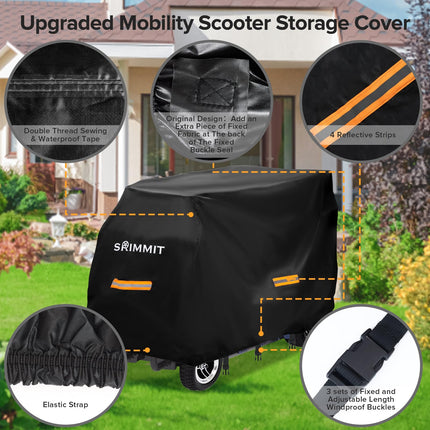 Electromobile tarpaulin, heavy duty 420D Oxford fabric mobility scooter cover, waterproof, anti-UV, durable with waterproof strip, reflective strips, 3 buckles 3XL (195 x 73 x 119 cm)