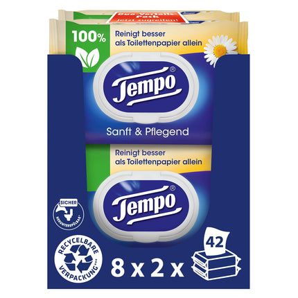 Tempo Moist Toilet Wipes "Gentle &amp; Caring" - Megapack - 16 packs with 42 wipes each - Duo Packs - with natural chamomile - Toilet paper, dermatologically tested &amp; pH skin-neutral