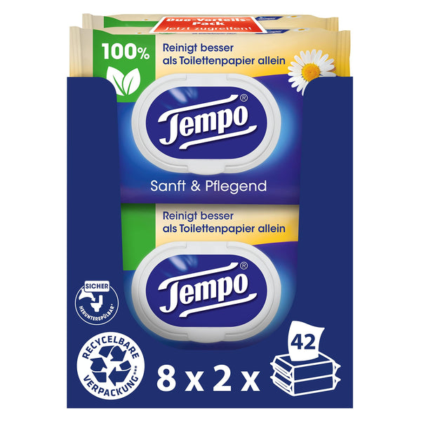 Tempo Moist Toilet Wipes "Gentle &amp; Caring" - Megapack - 16 packs with 42 wipes each - Duo Packs - with natural chamomile - Toilet paper, dermatologically tested &amp; pH skin-neutral