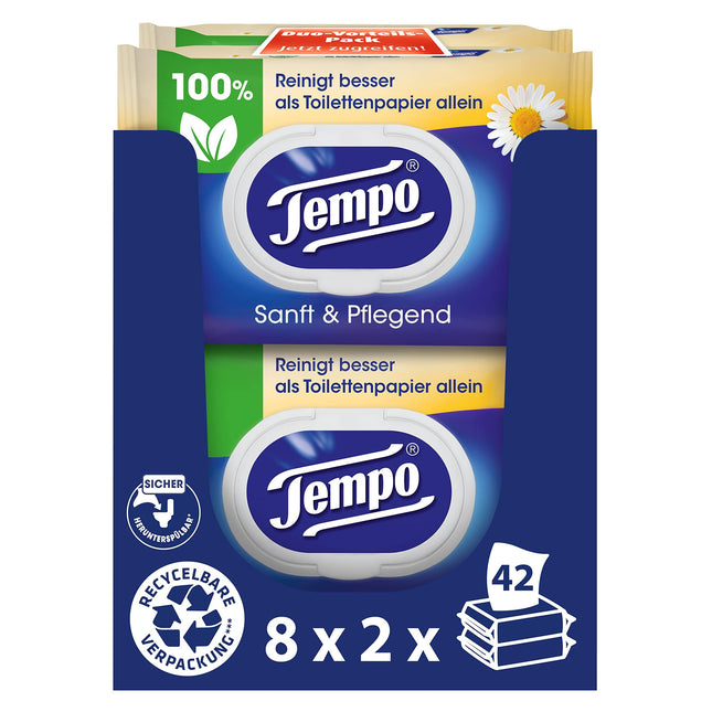 Tempo Moist Toilet Wipes "Gentle &amp; Caring" - Megapack - 16 packs with 42 wipes each - Duo Packs - with natural chamomile - Toilet paper, dermatologically tested &amp; pH skin-neutral