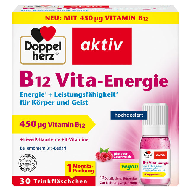 Doppelherz B12 Vita-Energie - Vegan and highly dosed with 450 µg vitamin B12 per vial - 30 vials with raspberry flavor