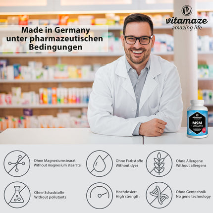 MSM capsules + Vitamin C, high-dose, 360 capsules for 6 months, 1,334 mg organic sulfur powder per day, 99.9% pure methylsulfonylmethane, dietary supplement without additives, Made in Germany