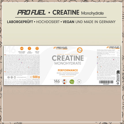 Creatine Monohydrate Powder 500g - Creatine monohydrate in micronized quality - optimally high dosage - pure without additives, 100% vegan - for 146 applications
