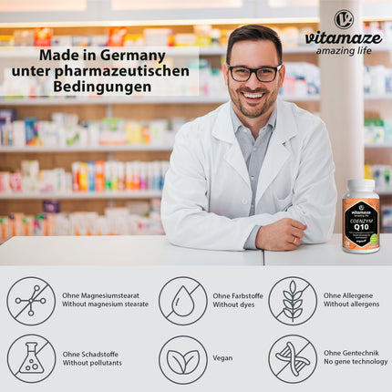Coenzyme Q10 high-dose, 200 mg per capsule, vegan, 120 capsules for 4 months, 98% ubiquinone with optimal bioavailability, no unnecessary additives, Made in Germany