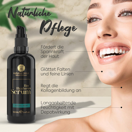 Organic hyaluronic serum with high dosage • 100ml + Vit E &amp; B5 • 7-fold hyaluronic acid serum for the face ✓100% vegan &amp; organic ✓Anti-aging concentrate ✓Anti-wrinkle serum natural cosmetics ✓Made in Germany ✓Hyaluronic acid serum