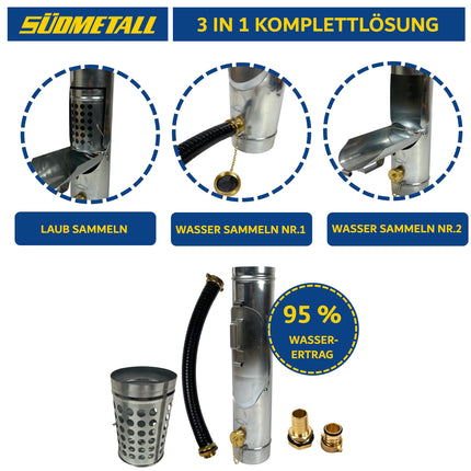 SÜDMETALL - 3-in-1 zinc rainwater collector &amp; leaf collector 100 mm complete system - Extremely high water yield approx. 95% - Combination for downpipe/drain pipe consisting of water collector, rain pipe flap &amp; leaf catcher
