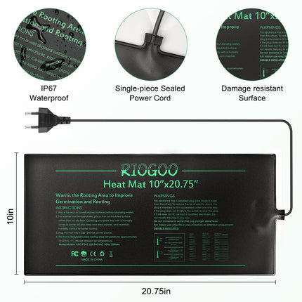 RIOGOO Durable Seedling Heat Mat Waterproof Greenhouse Heating Pad 10" x 20.75" Germination Heated Greenhouse Heat Mat Hydroponic Garden Seed Starter