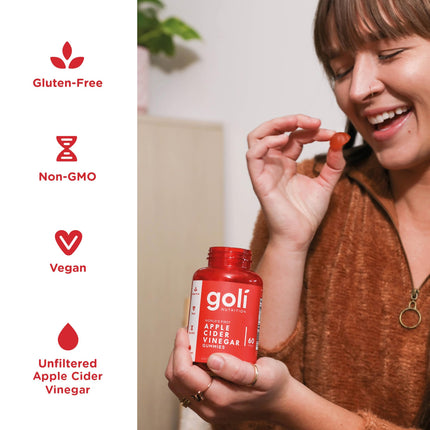 Goli Nutrition, Apple Cider Vinegar, 60 vegan gummies, 1000mg apple cider vinegar per serving, gluten-free, soy-free, GMO-free, apple cider vinegar flavor