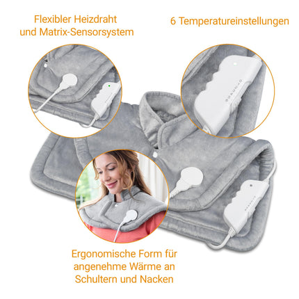 medisana HP 622 Heating Pad for Neck &amp; Shoulder, Electric Heat Cape, Overheating Protection &amp; Automatic Shut-Off, 6 Temperature Settings, Washable, Gray